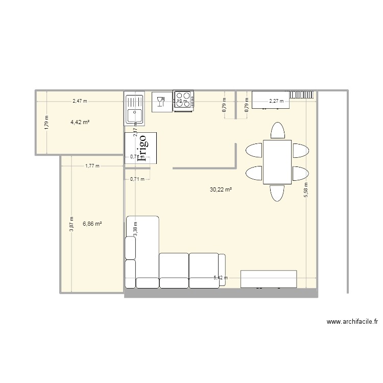 Panoramique 2. Plan de 3 pièces et 42 m2