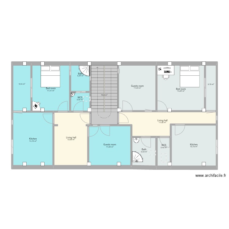 12345. Plan de 15 pièces et 129 m2
