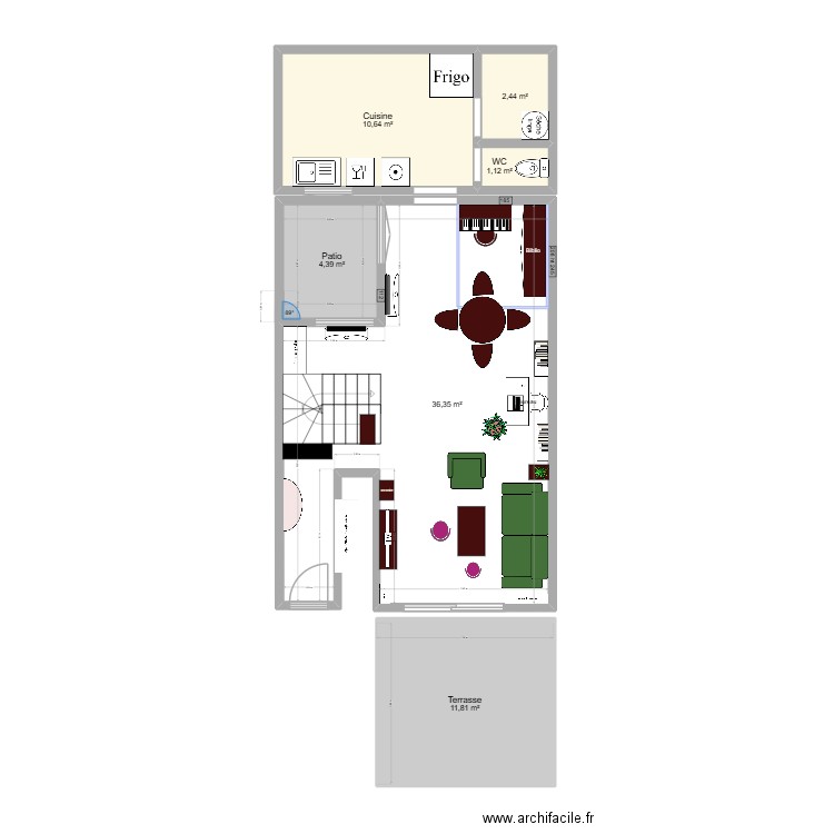 RDC avec meubles. Plan de 6 pièces et 67 m2