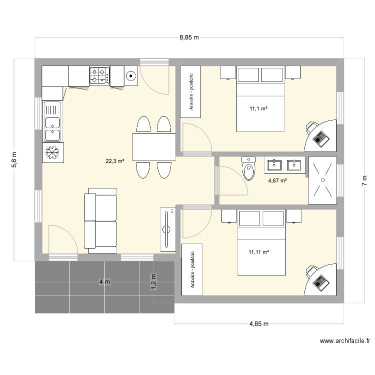 Bungalow6. Plan de 4 pièces et 49 m2