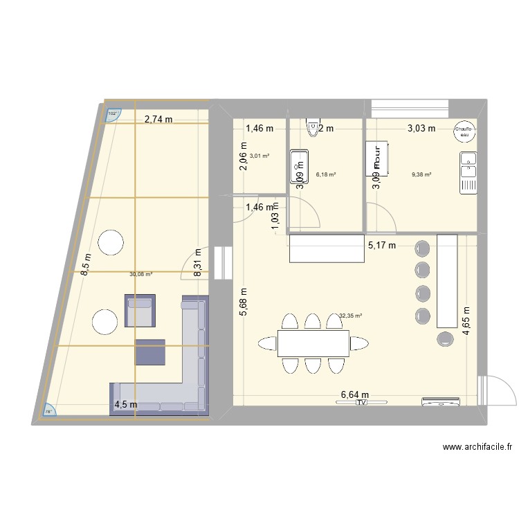 salle. Plan de 5 pièces et 81 m2