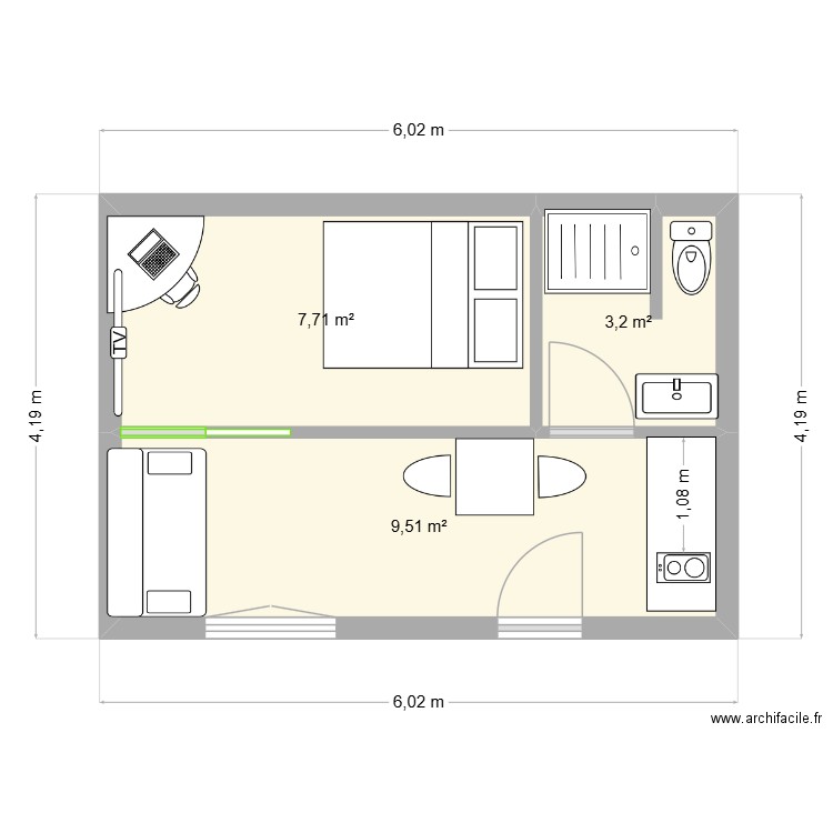 STUDIO. Plan de 3 pièces et 20 m2
