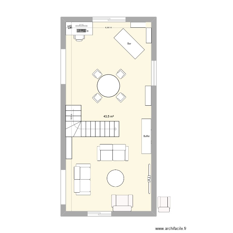 Salon maison. Plan de 1 pièce et 44 m2