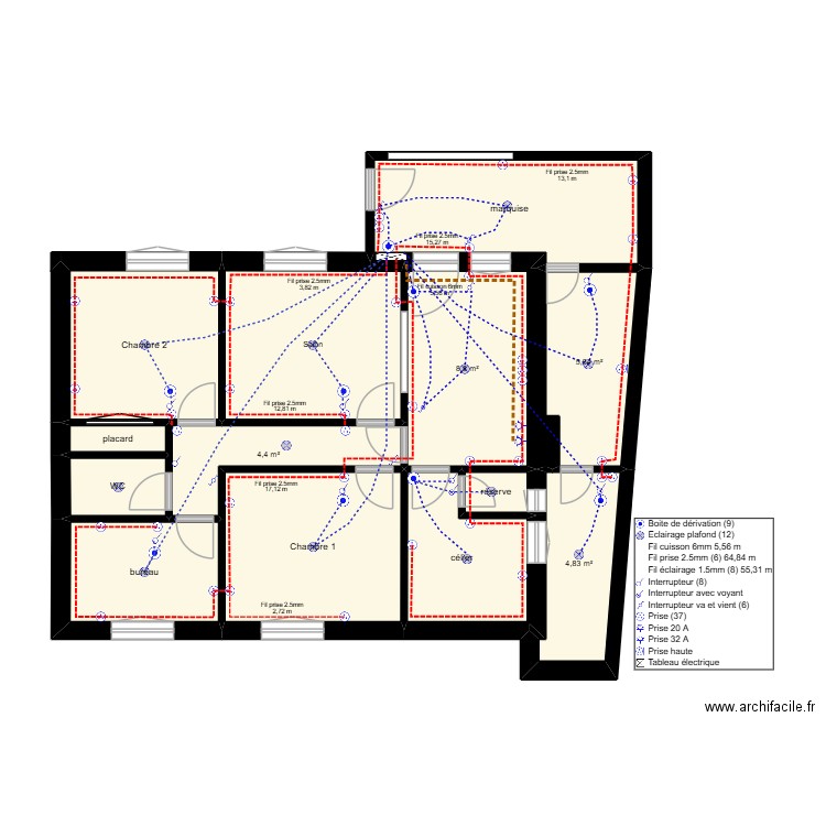 Maison Portugal Electricité. Plan de 13 pièces et 77 m2