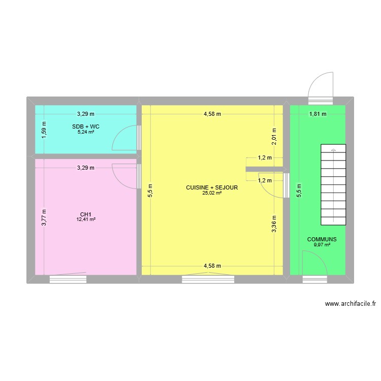 RDC1. Plan de 4 pièces et 53 m2
