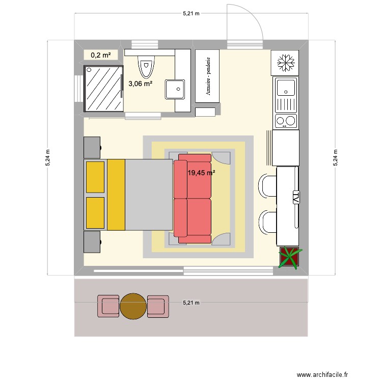 STUDIO THE PALM. Plan de 3 pièces et 23 m2