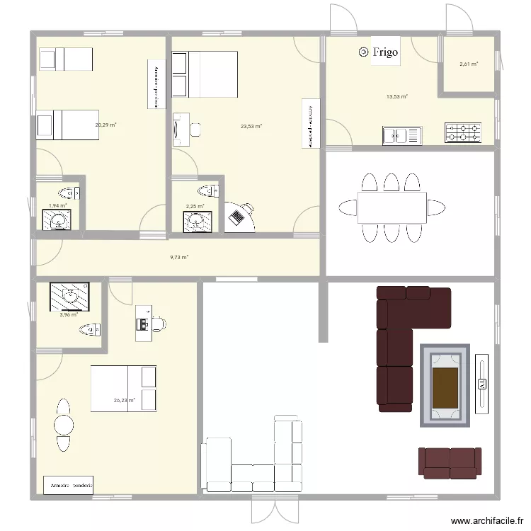 plan de 3 chambres salon avec salle &agrave; manger et cuisine . Plan de 
