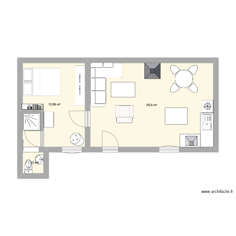 big room. Plan de 3 pièces et 40 m2