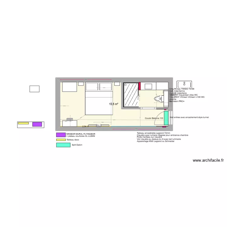 PLAN CHAMBRE TYPE MOTEL ONE. Plan de 1  et 16 m²