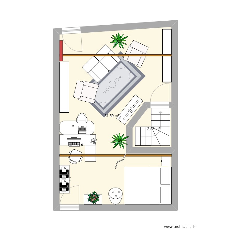 Grenier. Plan de 2 pièces et 34 m2