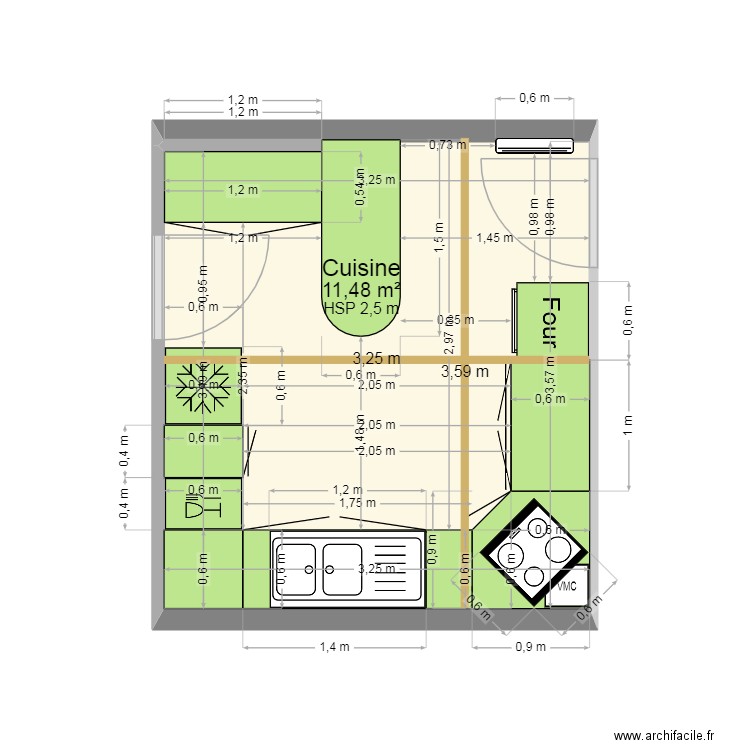 Cuisine. Plan de 1 pièce et 11 m2