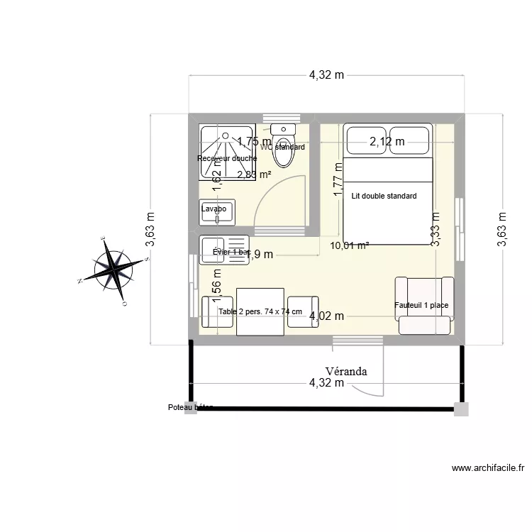 Studio gardien V7. Plan de 2 et 13 m² Studio gardien V7. Plan de 2 et 13 m²