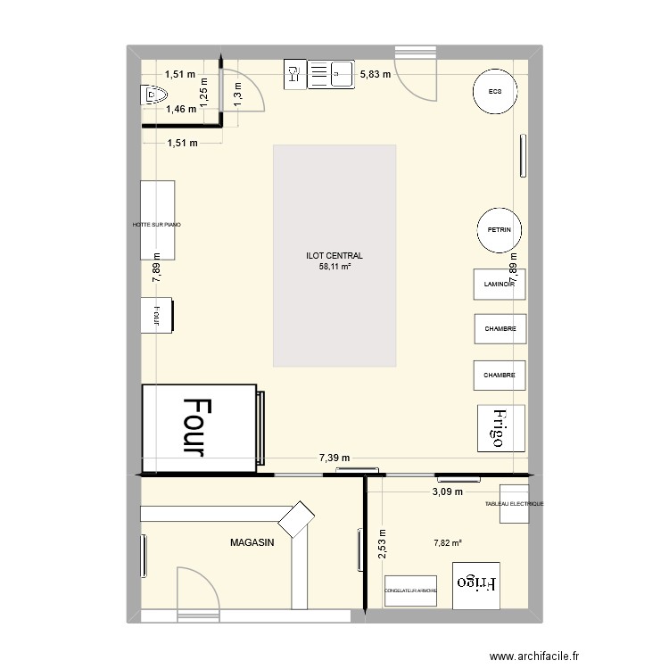 labo boulangerie mie qui chante. Plan de 3 pièces et 77 m2