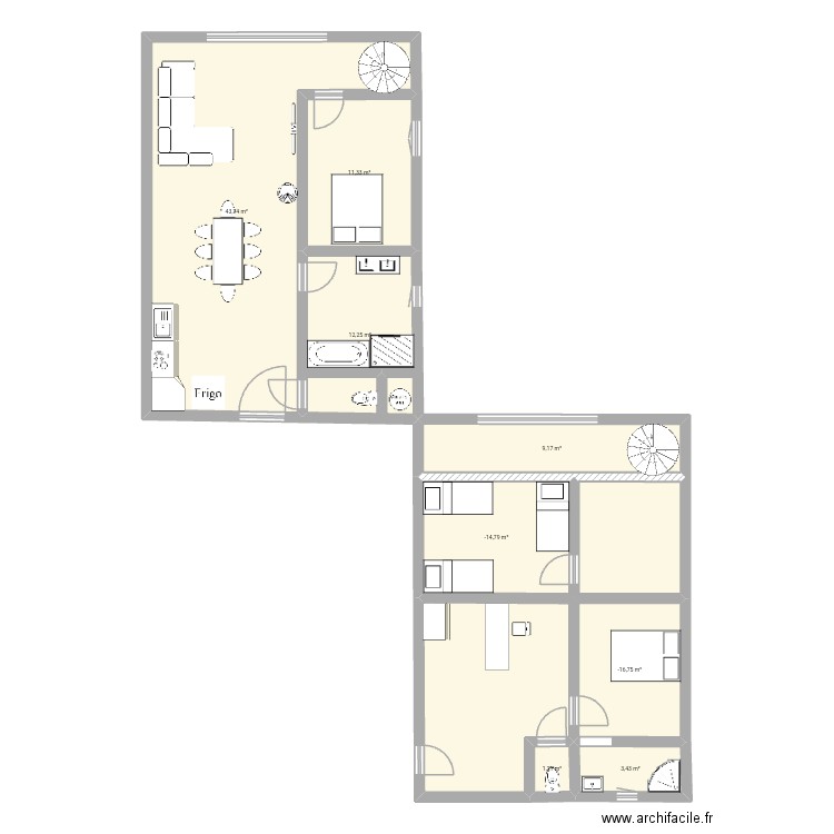 Studio grange avec etage. Plan de 8 pièces et 103 m2