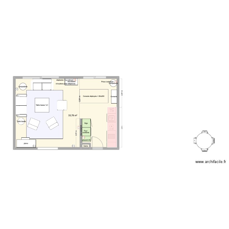 implantation prises sans étagères. Plan de 2 pièces et 34 m2