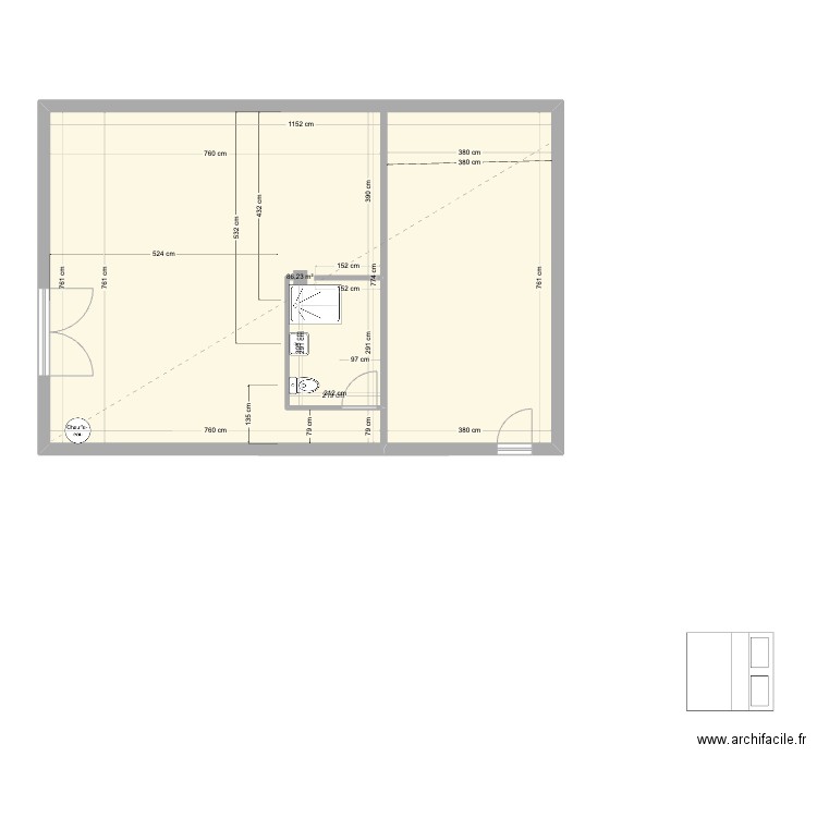 Gîte RDC. Plan de 1 pièce et 86 m2