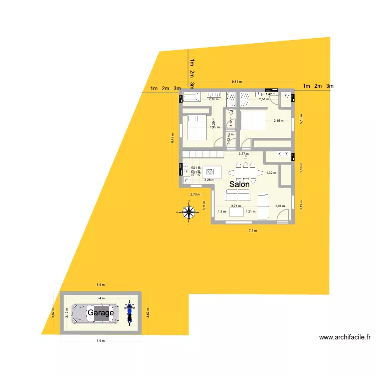 06 -Plan avec garage  / carport s&eacute;par&eacute;. Plan de 9  et 107 m²