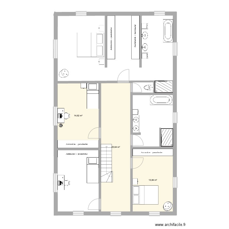 Verdiping. Plan de 3 pièces et 49 m2