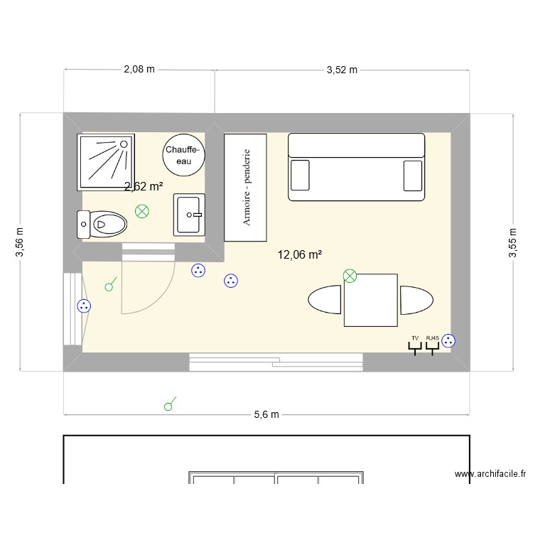 STUDIO 20M2. Plan de 2 pièces et 15 m2