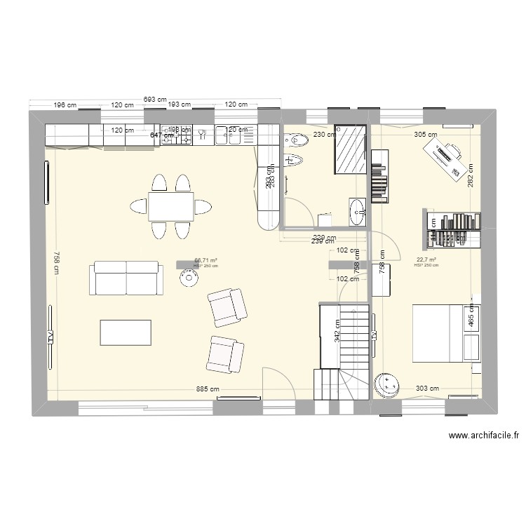 Rdc 1. Plan de 2 pièces et 89 m2