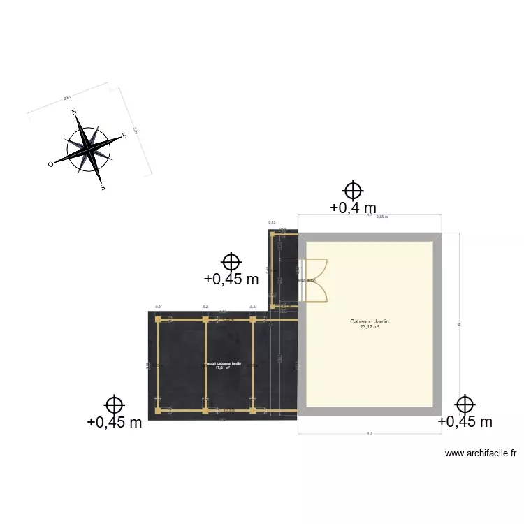 Projet Cabanon jardin seul sans toiture rue soleil levant. Plan de 1 Pièce et 23 m²