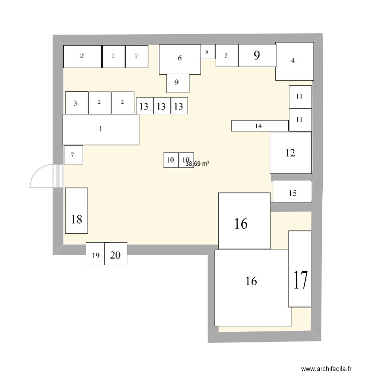 boulangerie. Plan de 1 pièce et 39 m2