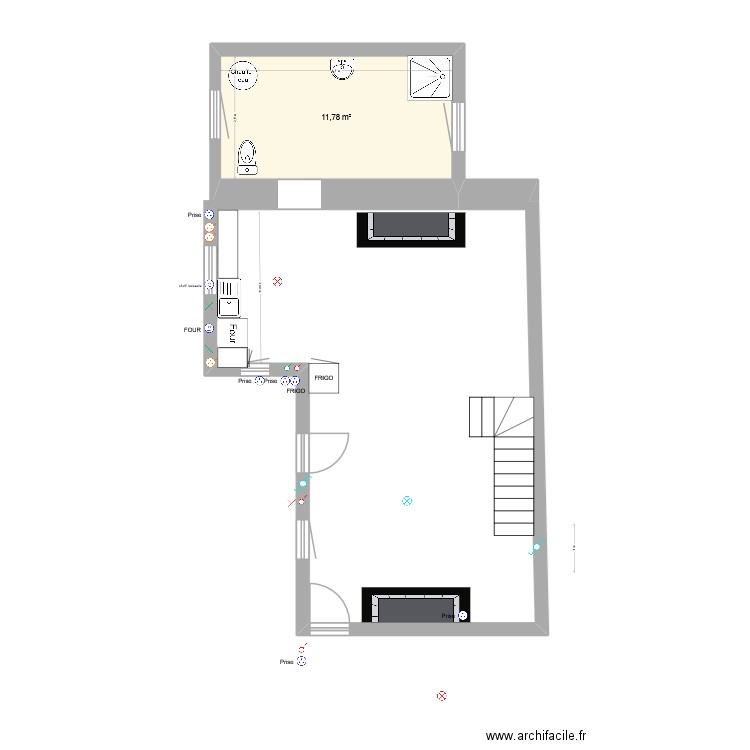 Ruguellou RDC Electricite. Plan de 1 pièce et 12 m2