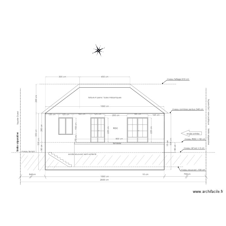 PC maison Douvres / plan de l'existant / façade Sud. Plan de 2 pièces et 46 m2