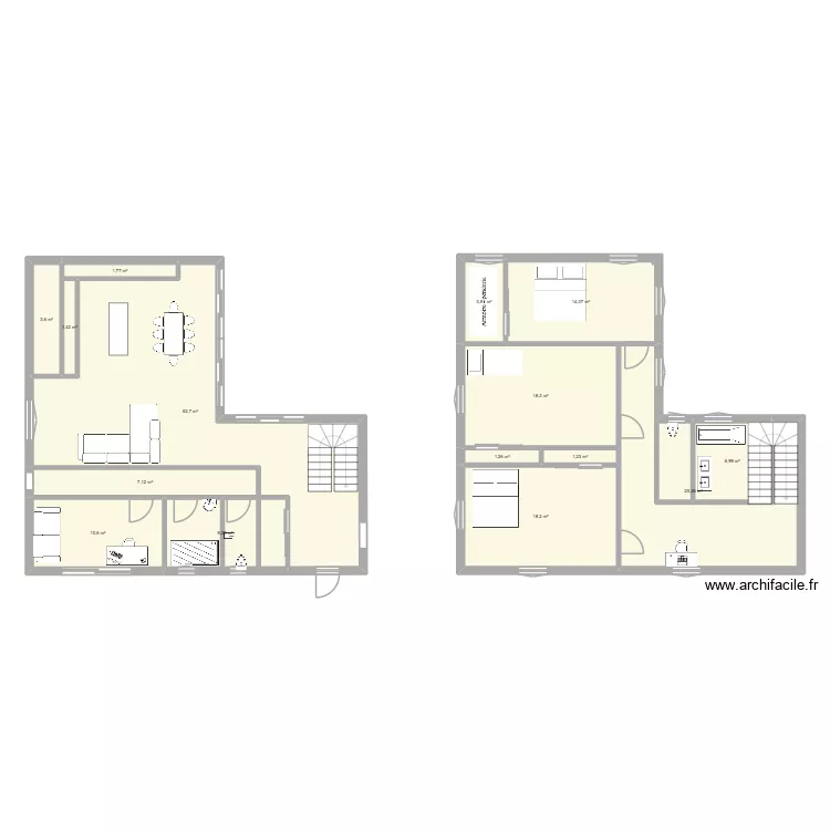 maison en L. Plan de 15  et 176 m²