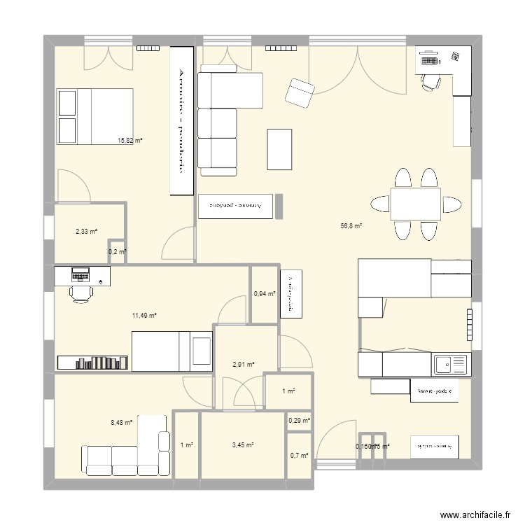 BM65 aménagé Anna. Plan de 15 pièces et 106 m2
