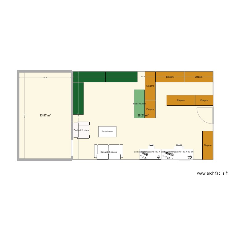 Bureau. Plan de 2 pièces et 52 m2