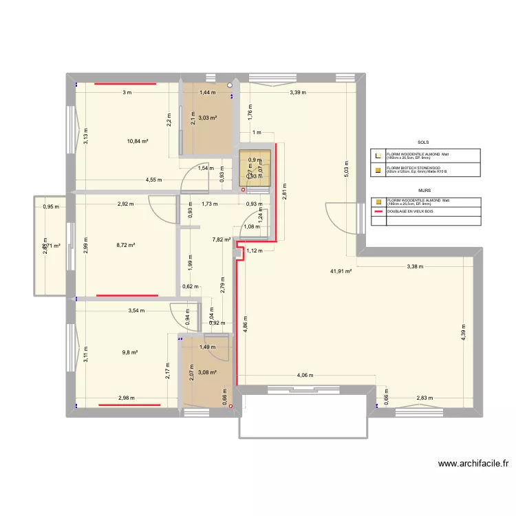 Megeve Grande Fontaine Rev&ecirc;tement murs et sols. Plan de 8  et 88 m²