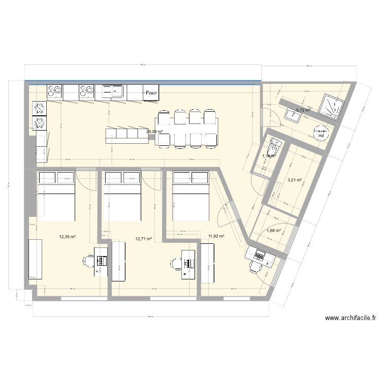 Moissons RDC avec cuisine. Plan de 8 pièces et 78 m2