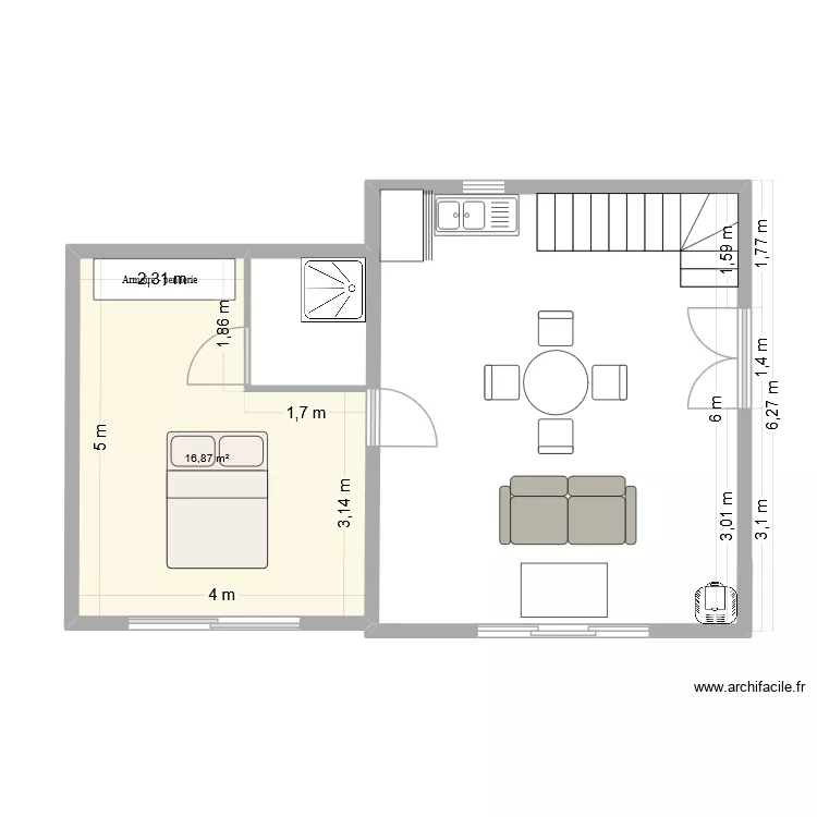 maison bois. Plan de 1 Pièce et 17 m²