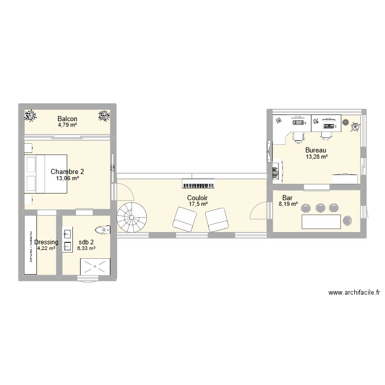 Etage +1. Plan de 7 pièces et 67 m2