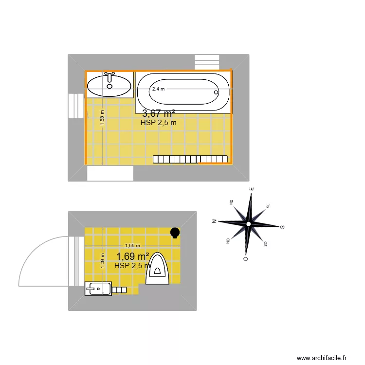 SDB - WC. Plan de 2 et 5 m² SDB - WC. Plan de 2 et 5 m²