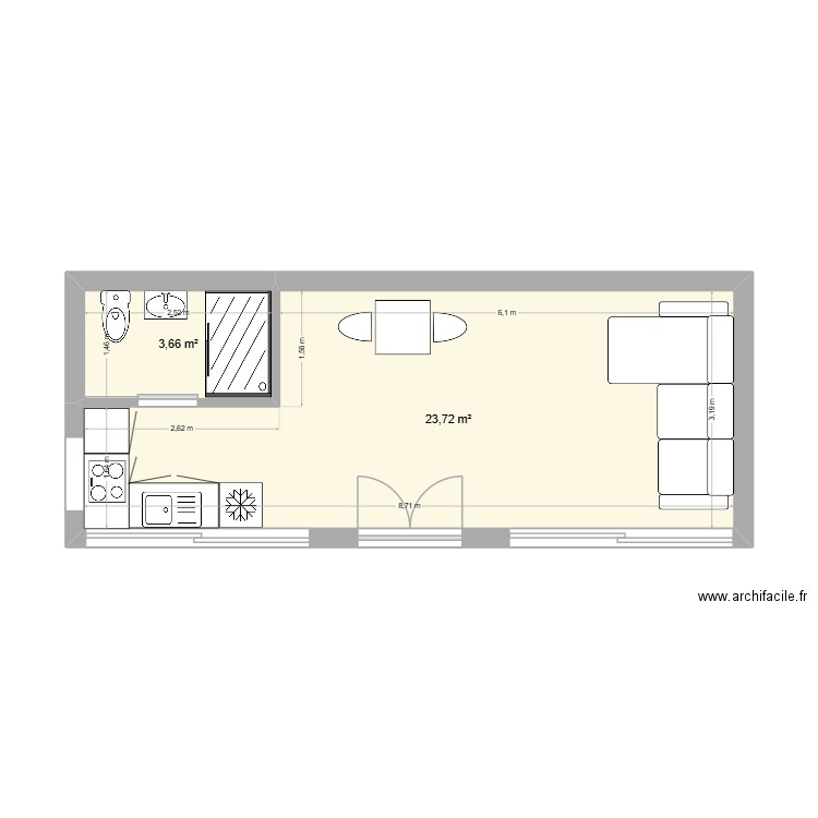 guinguette. Plan de 2 pièces et 27 m2