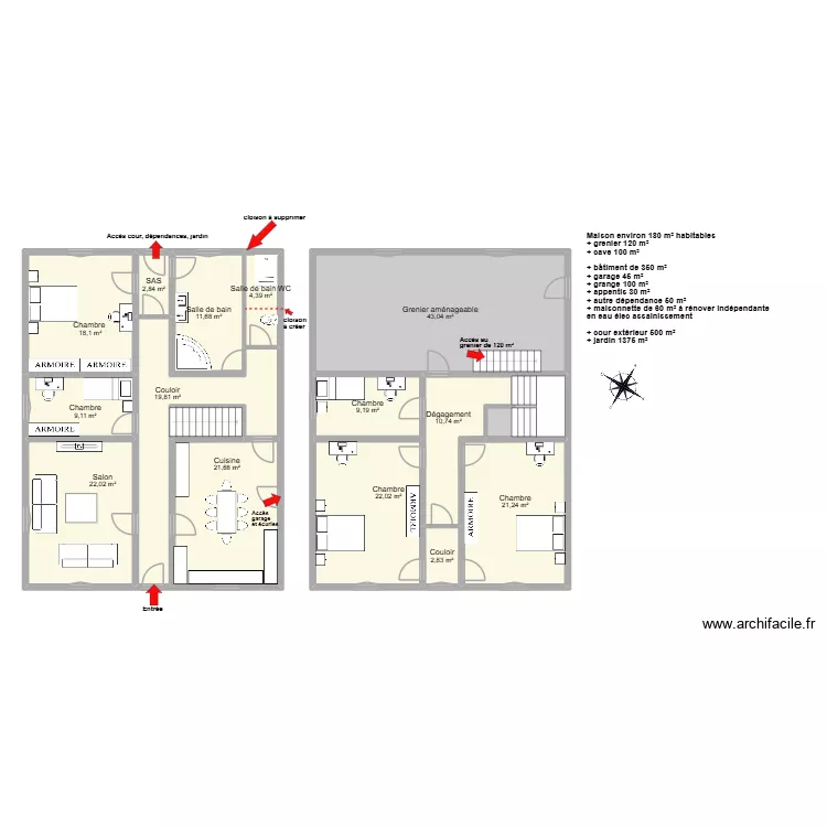 MERAT VIRIOT m&egrave;re. Plan de 16 pièces et 227 m²