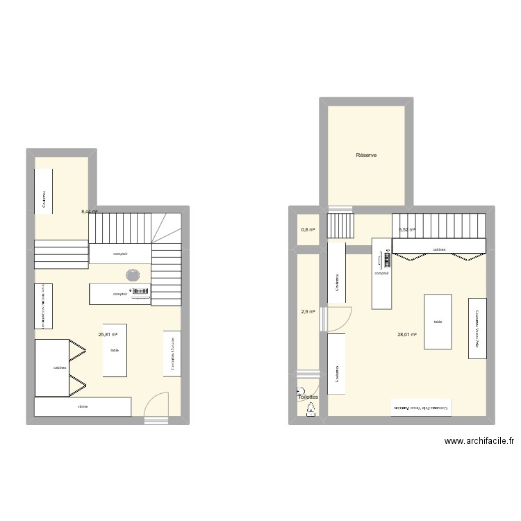 Magasin. Plan de 8 pièces et 81 m2