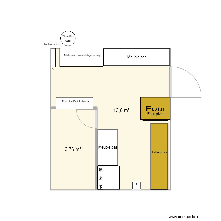 Restaurant test. Plan de 2 pièces et 18 m2