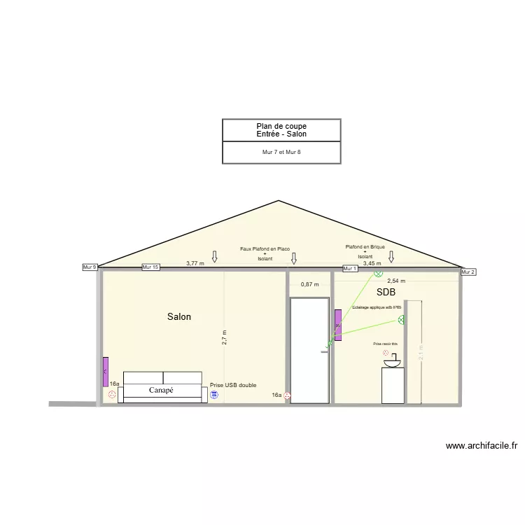 PC Salon - Couloir - SDB - mur 15 & mur 1. Plan de 1  et 20 m²