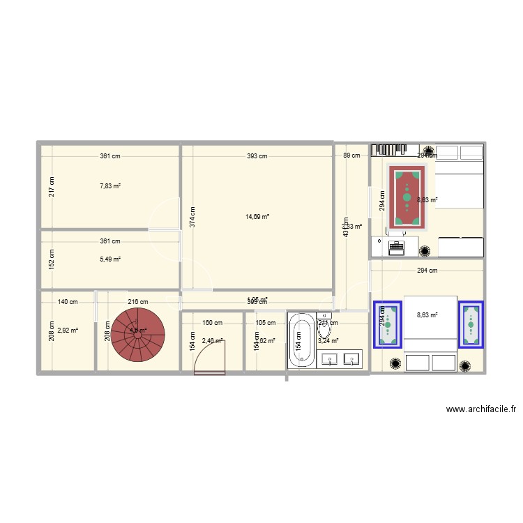 KD15. Plan de 12 pièces et 66 m2