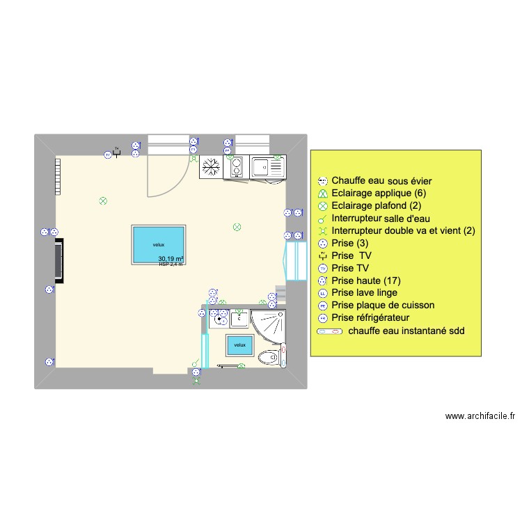 JsM2. Plan de 1 pièce et 30 m2