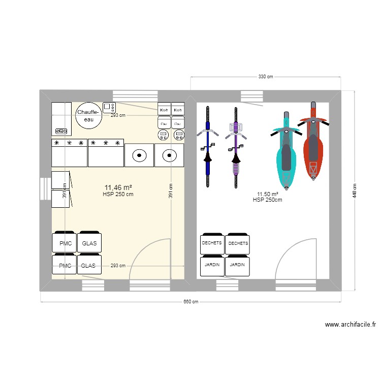 Projet espace technique 23M². Plan de 5 pièces et 43 m2