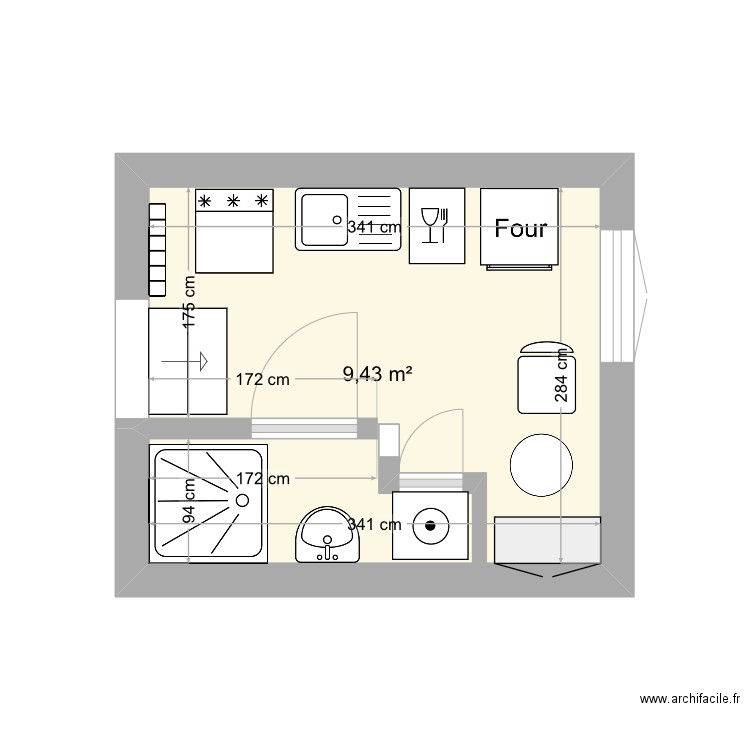 Kitchenette nook. Plan de 1 pièce et 9 m2