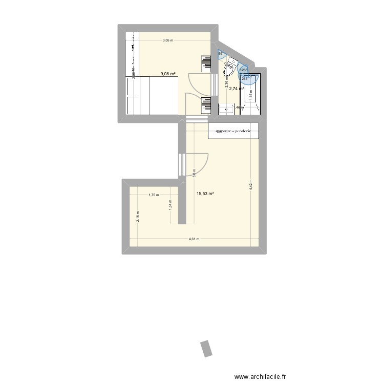 Pied-à-terre. Plan de 3 pièces et 27 m2