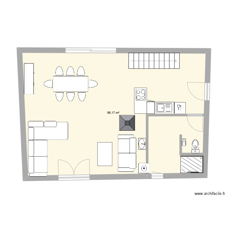 rdc grange V2. Plan de 1 pièce et 56 m2