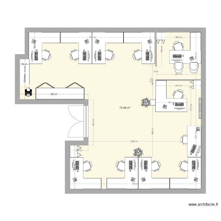 Bureau option 3. Plan de 1 pièce et 74 m2
