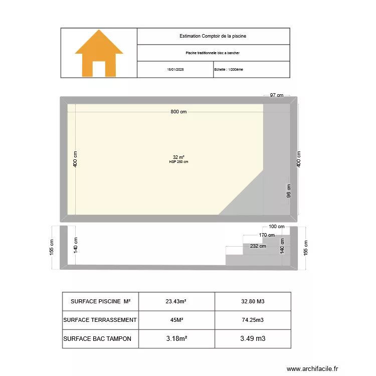 Plan en coupe piscine 8.00 X 4.00X 1.40. Plan de 