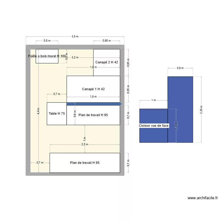 Salon / Cuisine. Plan de 1 et 14 m² Salon / Cuisine. Plan de 1 et 14 m²